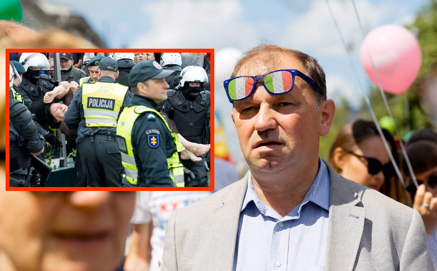 Liberalas Dainius Pūras (raudoname stačiakampyje iš savo namų išnešama Deimantės Kedytės senelė Laimutė Kedienė). Nuotr. facebook.com