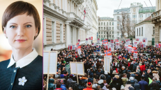 Viena iš kovos su priešų propaganda lyderė M. Garbačiauskaitė-Budrienė (kairėje) ir protestai Austrijos sostinėje Vienoje prieš „Barnevernet“. Nuotr. facebook.com