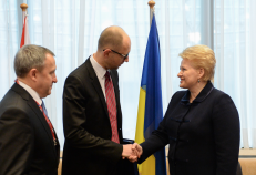 Ukrainos premjeras A. Jaceniukas (viduryje) ir Lietuvos prezidentė D. Grybauskaitė (dešinėje). Nuotr. prezidentas.lt