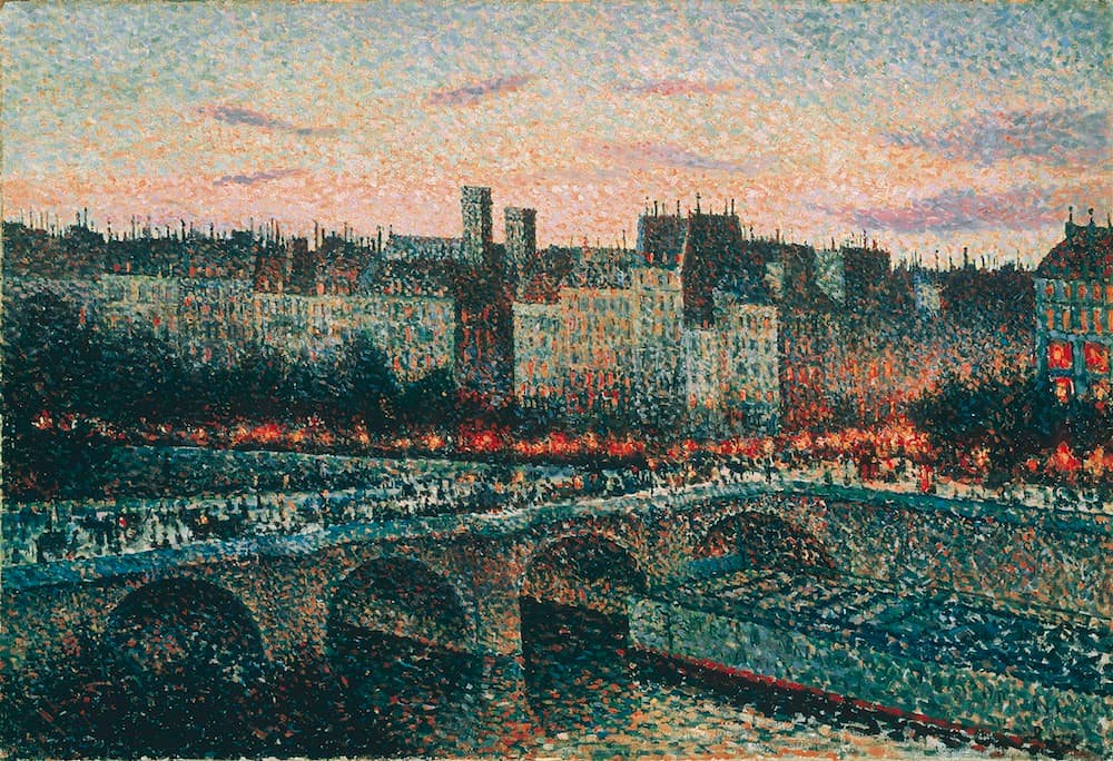 Neoimpresionistas Maximilienas Luce'as. L’École krantinė Paryžiuje, vakaras. 1889 (Quai de l’École, Paris, le soir)