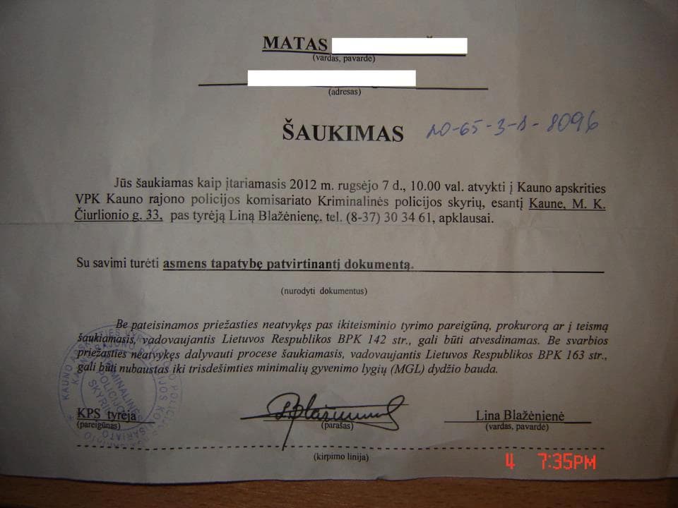 Kriminalinės policijos šaukimas į apklausą nepilnamečiui.