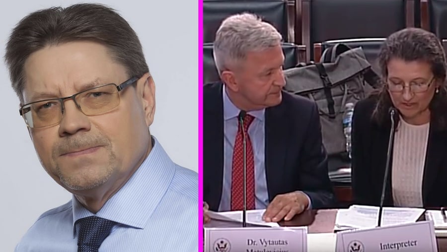 Konservatorius Stasys Šedbaras (kairėje). Dešinėje - vos besivaldantis Vytautas Matulevičius nervingai žvelgiantis į šalią esančią vertėją.