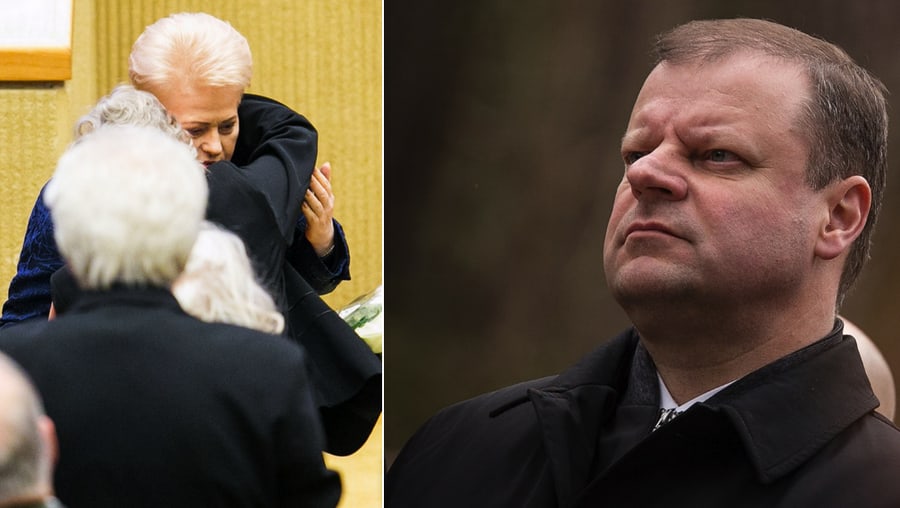 Prezidento posto siekiantis premjeras S. Skvernelis (dešinėje) ir prezidentė D. Grybauskaitė (kairėjė) šnibždanti į ausį apie savo nežinojimą disidentei N. Sadūnaitei.