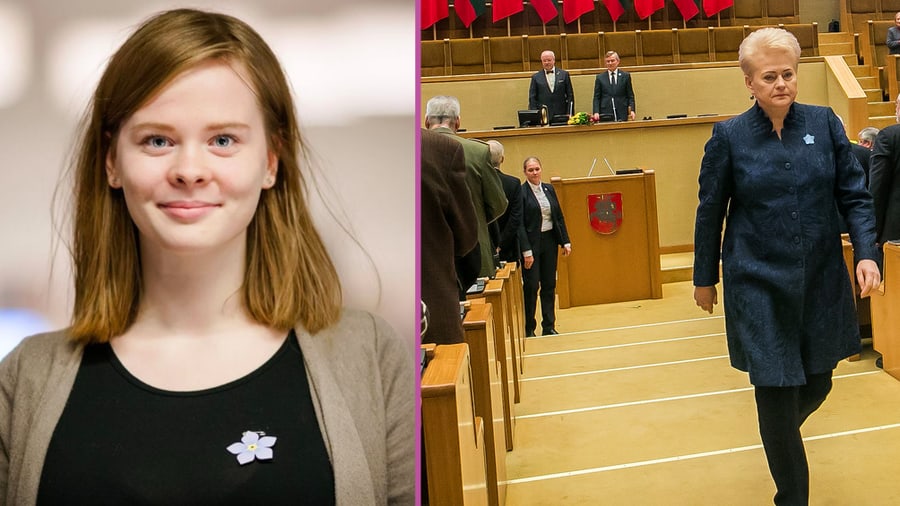 Delfi.lt žurnalistė Rūta Pukenė ir ne geriausios nuotaikos iš šių metų Sausio 13-osios minėjimo po Nijolės Sadūnaitės kalbos išeinanti prezidentė Dalia Grybauskaitė. Nuotr. facebook.com ir lrs.lt