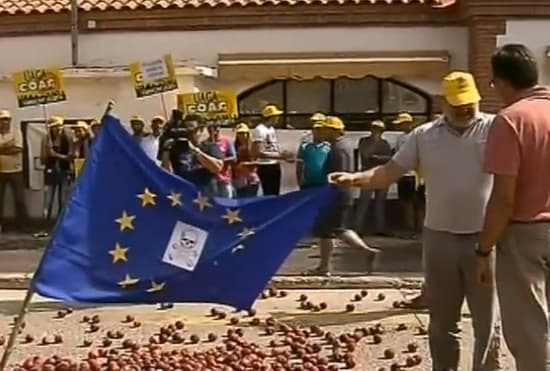 Ispanijoje protestuodami fermeriai sudegino ES vėliavą
