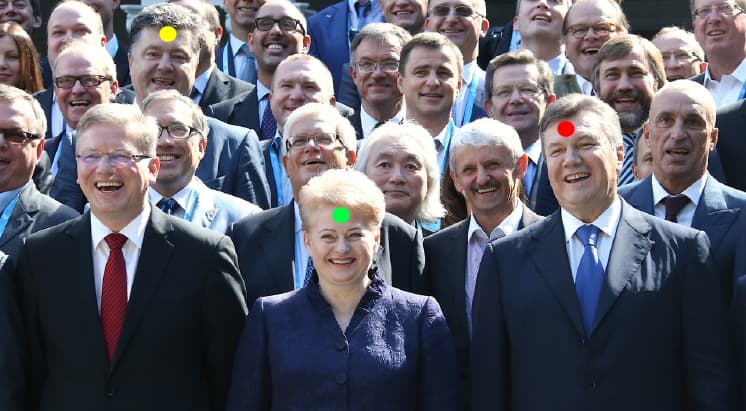 D. Grybauskaitei (su žaliu taškeliu ant kaktos), Lietuvai ir visai Europai pasisekė, jog antikriminalinės revoliucijos keliu buvo nušalintas prezidentas-banditas V. Janukovičius (su raudonu taškeliu ant kaktos), o po kiek laiko teisėtu Ukrainos vadovu tapo demokratas-milijonierius P. Porošenko (su geltonu taškeliu ant kaktos).
