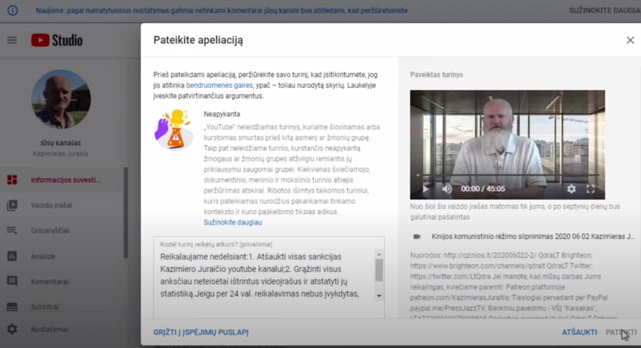 UAB „Google Lithuania“ direktorius Vytautas Kubilius užblokavo Kazimiero Juraičio youtube kanalą