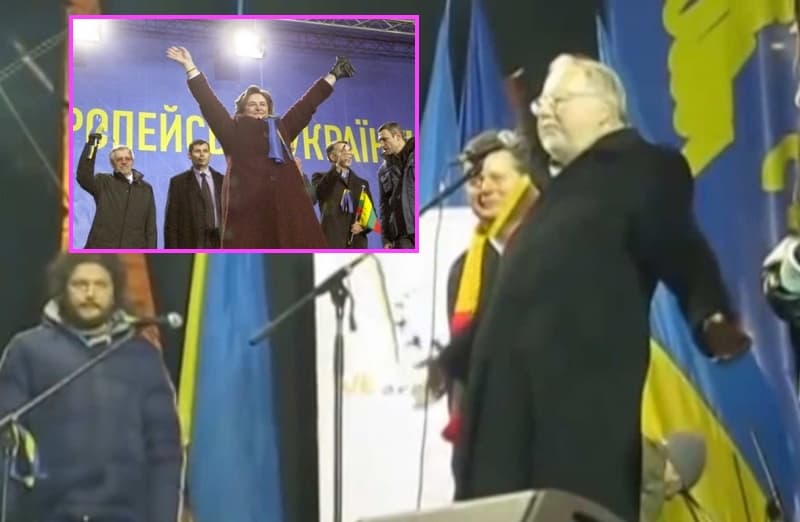 V. Landsbergis rėkdamas ragina ukrainiečius sukilti visoje Ukrainoje. Violetiniame stačiakampyje V. Landsbergio bendražygiai iš Lietuvos.