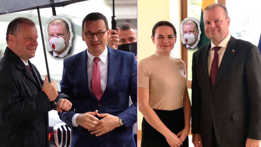 Kairėje S. Skvernelis su lenkijos premjeru. Dešinėje S. Skvernelis su baltarusijos prezidente.