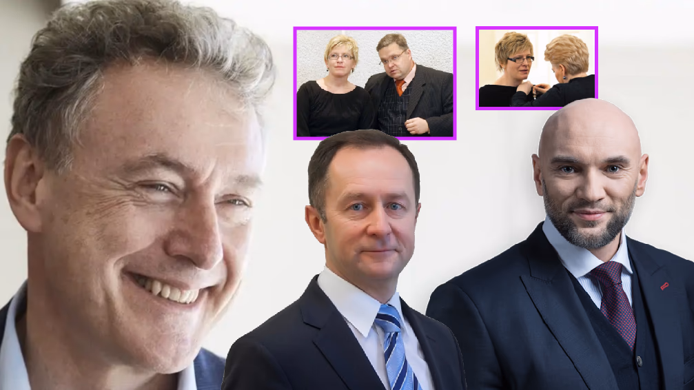 Garsusis aferistas iš svečios šalies Saimonas Friklis, Nemeluojančiosios Žmonių partijos teisininkas, Lietuvos banko Teisės skyriaus viršininkas, nemelo didmeistris Gintaras Kukauskas, nemeluojančios Žmonių partijos nemeluojantis advokatas Ramūnas Audzevičius. DešiniameVioletiniama stačiakampy