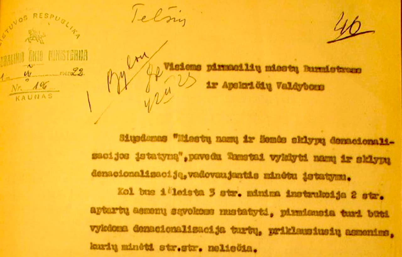 Komunalinio ūkio ministerio Vytauto Žemkalnio dokumentas dėl negrąžintino turto žydams