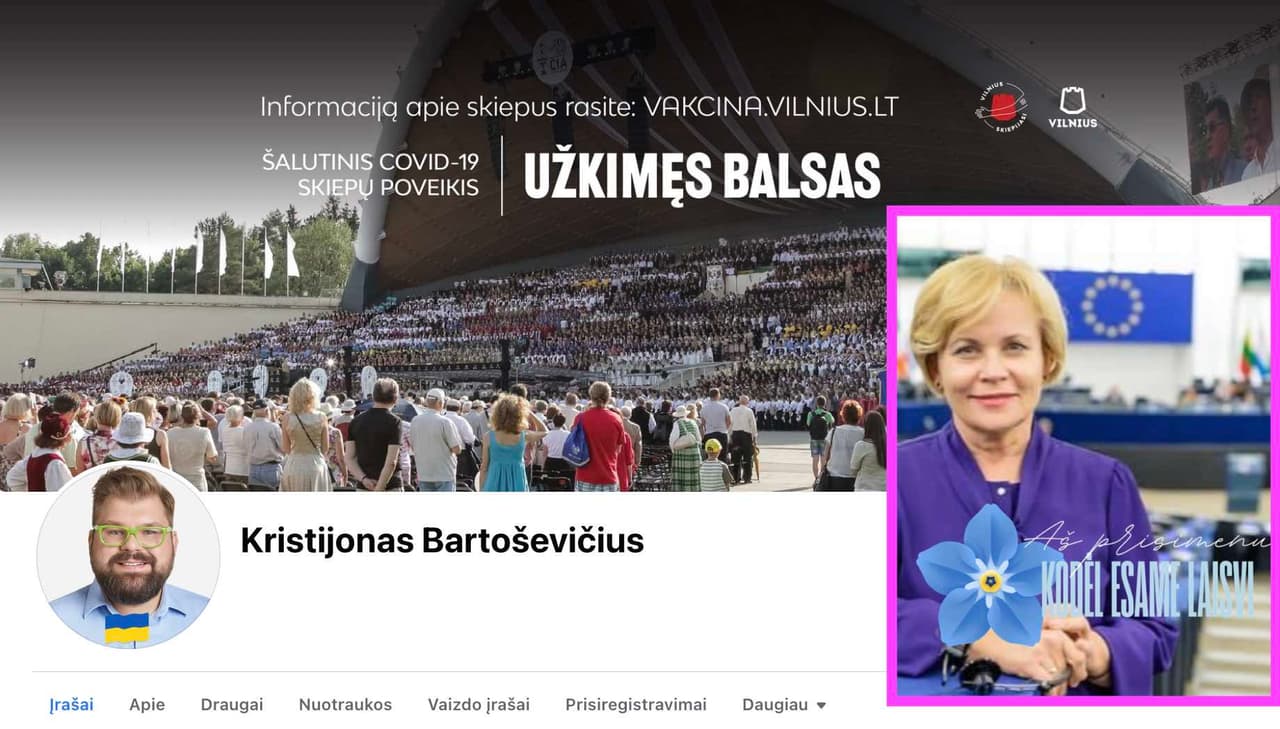 Pedofilija įtariamo Landsbergių bendruomenės bendražygio Kristijono Bartoševičiaus visuomeninės paskyros fragmentas. Dešinėje violetiniame stačiakampyje - Rasa Juknevičienė.