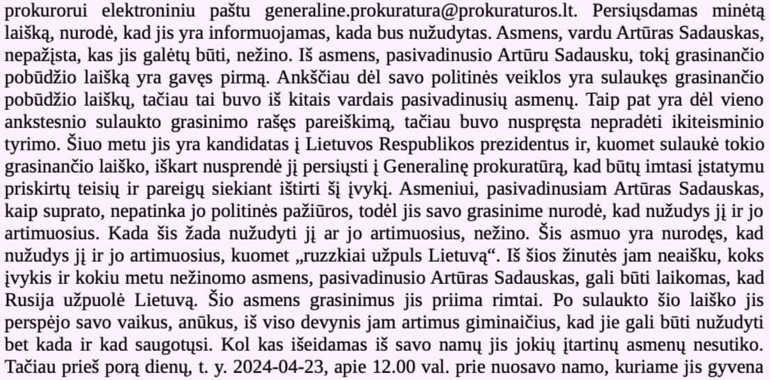 „arturas.sadauskas@gmail.com“ grasinimas nužudyti E. Vaitkų, nebuvo pakankamas