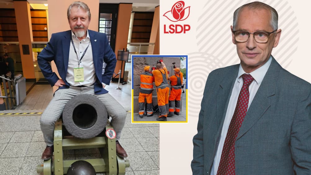 **Audrius Butkevičius ir Arkadijus Vinokuras. Viduryje - lentos K. Škirpai nuplėšimo momentas.**