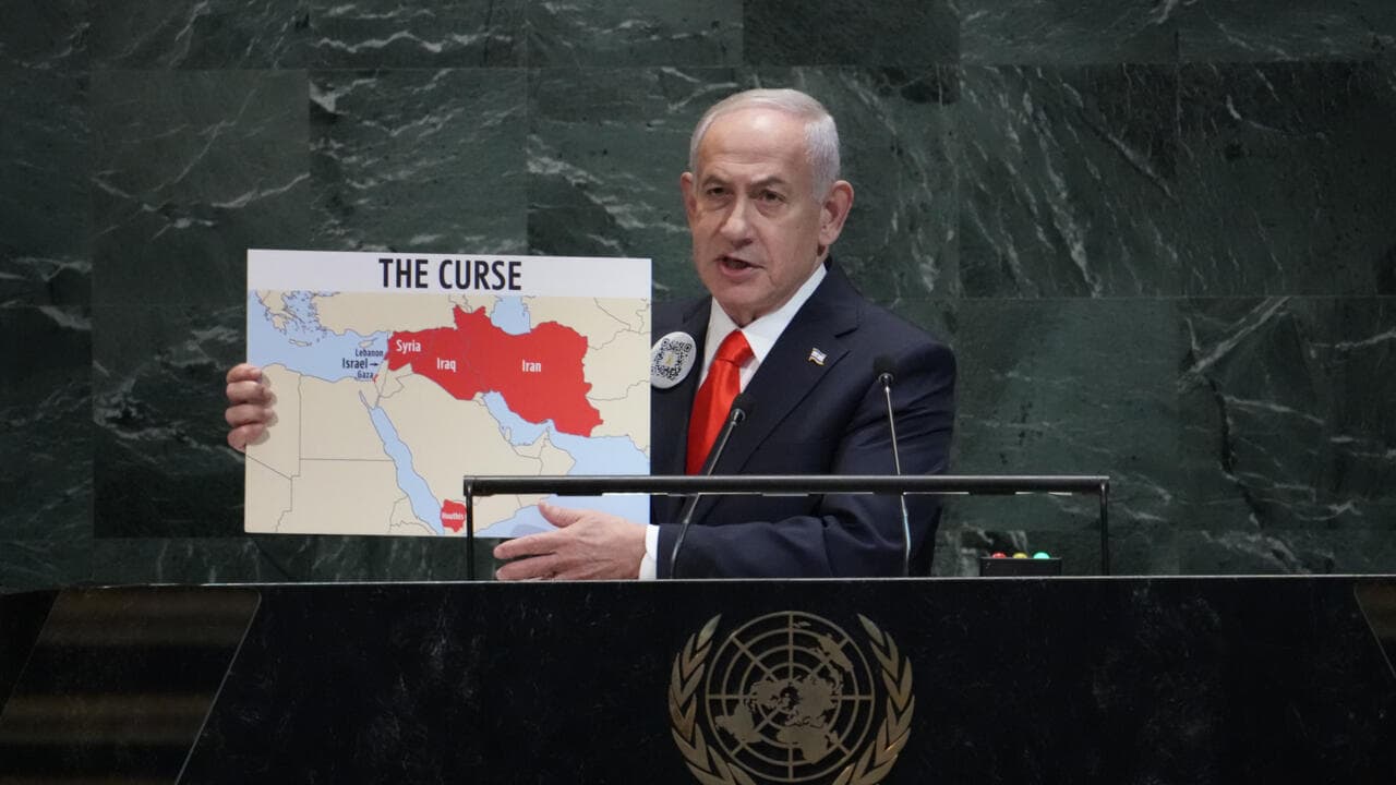 Izraelio premjero Benjamin Netanyahu kalba Jungtinių Tautų Generalinės Asamblėjos 80-oje sesijoje